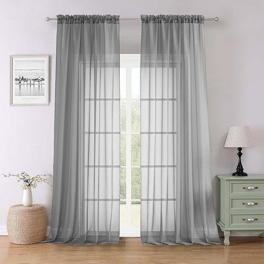 Lecloud Charcoal Grey Sheer Curtains for Living Room 96 Inches Long 2 Pcs, Airy Solid Color Light Filtering Curtains for Bedroom Dining Room, Dual Rod Pocket Drapes, Each Panel 59" W x 96" L
