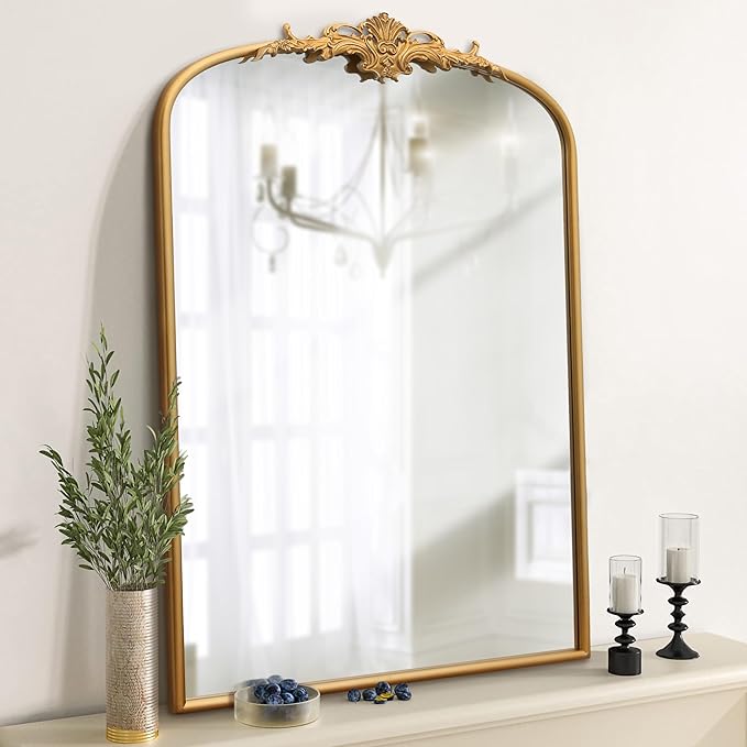 Besdomus Antique Arched Wall Mirror: 24"x36" French Large Arch Gleaming Gold Vintage Vanity Wall Mounted Mirror - Traditional Ornate Home Decor for Entryway/Fireplace/Bathroom - Idea for Homemakers