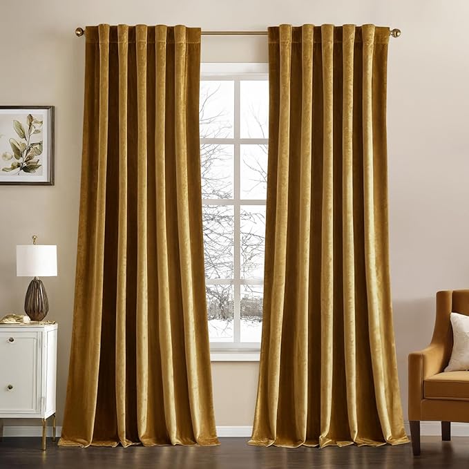 MIULEE Velvet Curtains 66 Inch Wide - Extra Wide Luxury Room Darkening Curtains for Sliding Door Bedroom Living Room Thermal Insulated Soft Window Drapes Back Tab, Gold, W 66 x L 96 inch 2 Panels