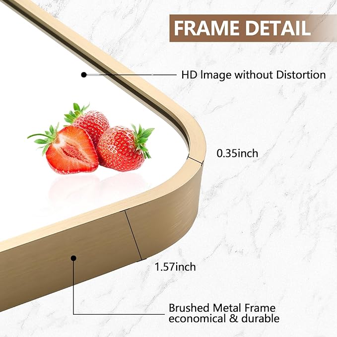 Gold Mirror, 16x24 Inch Framed Rectangle Mirror with Rounded Corner, Brushed Brass Mirror, Gold Bathroom Mirror for Over Sink, Vanity, Living Room, Bedroom, Horizontal/Vertical
