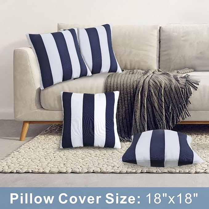 JMGBird Pack of 2 Decorative Pillows with Inserts - 18x18 Water-Resistant Navy Blue with White Stripe Outdoor Throw Pillows for Patio Furniture, Couch, Bed