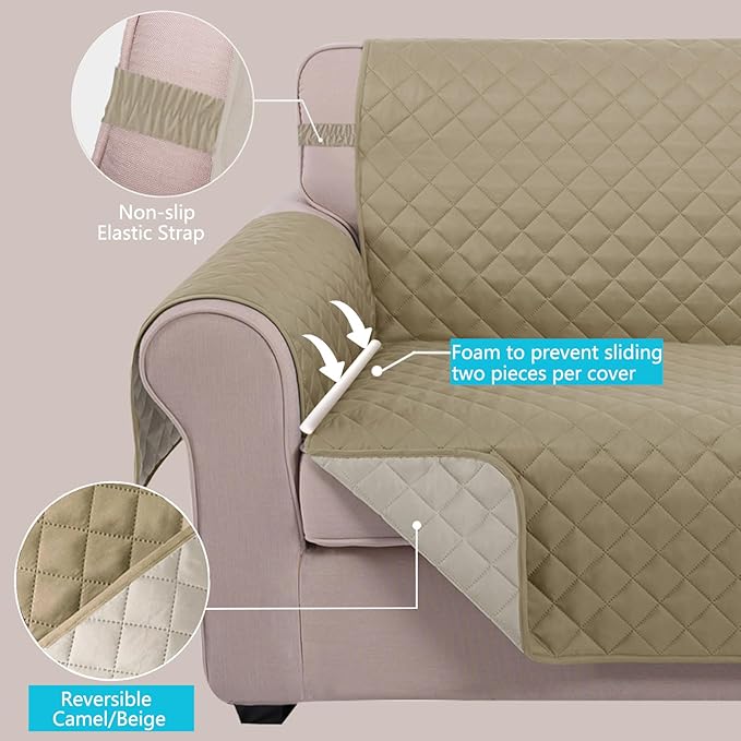 U-NICE HOME Reversible Sofa Cover Couch Cover for Dogs with Elastic Straps Water Resistant Furniture Protector for Pets Couch Cover for 3 Cushion Couch (Sofa, Light Camel/Beige)