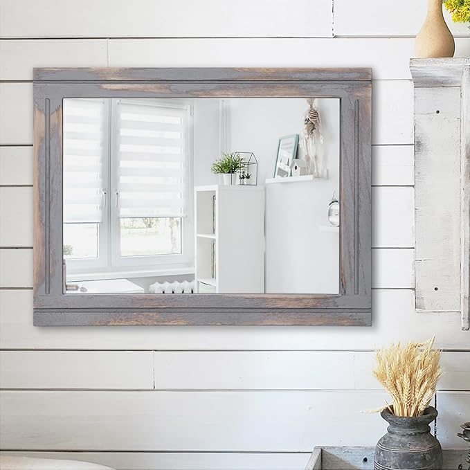 AAZZKANG Wood Framed Mirror Rectangular Rustic Wall Mirrors Decorative Large 20"x16" for Farmhouse Bathroom Living Room Bedroom Grey