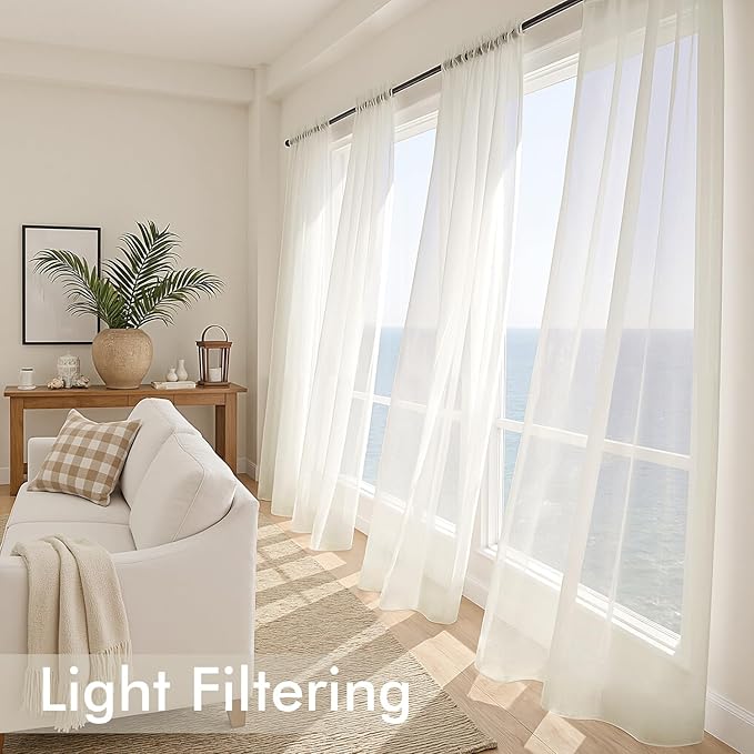 MIULEE Ivory Sheer Curtains 90 Inches Long, 4 Panels Set, Light Filtering Rod Pocket Voile Drapes for Living Room and Bedroom, Airy Soft Fabric Window Treatments, 54 x 90 Inches
