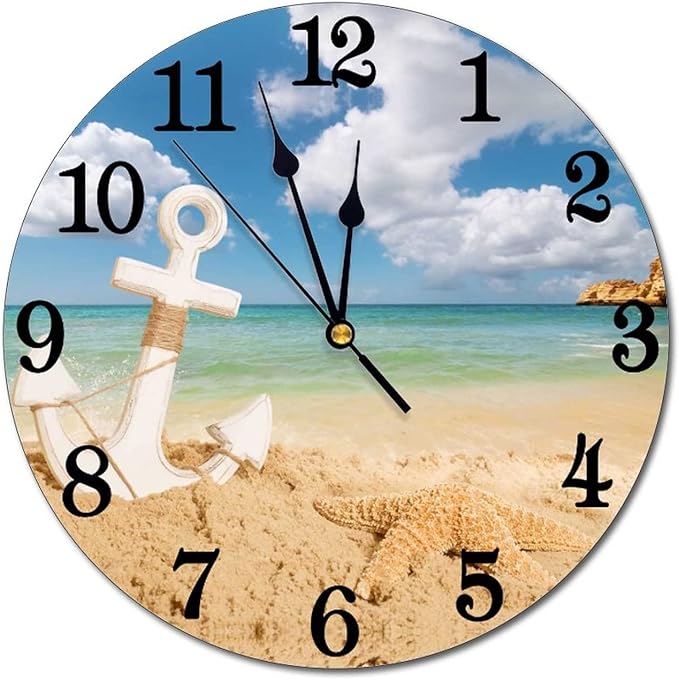 Nautical Anchor Starfish Sea Beach Wall Clock Battery Operated Silent Round Clock Wall Decor for Home Office School, 12 Inch