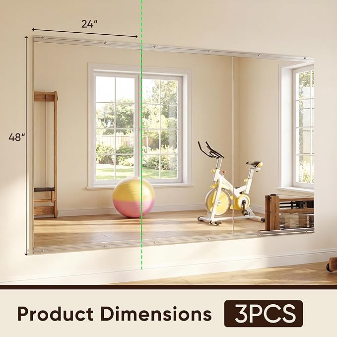 Antok Home Gym Mirror 48"x24" 3PCS, Large Full Length Wall Mounted Mirrors, Frameless Tempered Glass Full Body Mirror for Gym Yoga Dance Studio Garage Bedroom & Bathroom