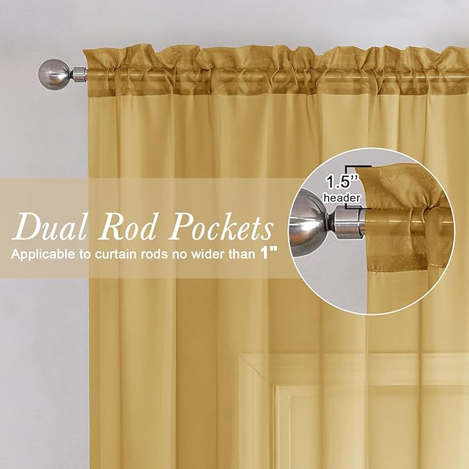 Lecloud Gold Sheer Curtains 63 Inch Length 2 Panels, Rod Pockets Window Treatments Light Filtering Bedroom Curtains for Living Room, Soft Home Drapes for Bathroom, Each Panel 59" W x 63" L