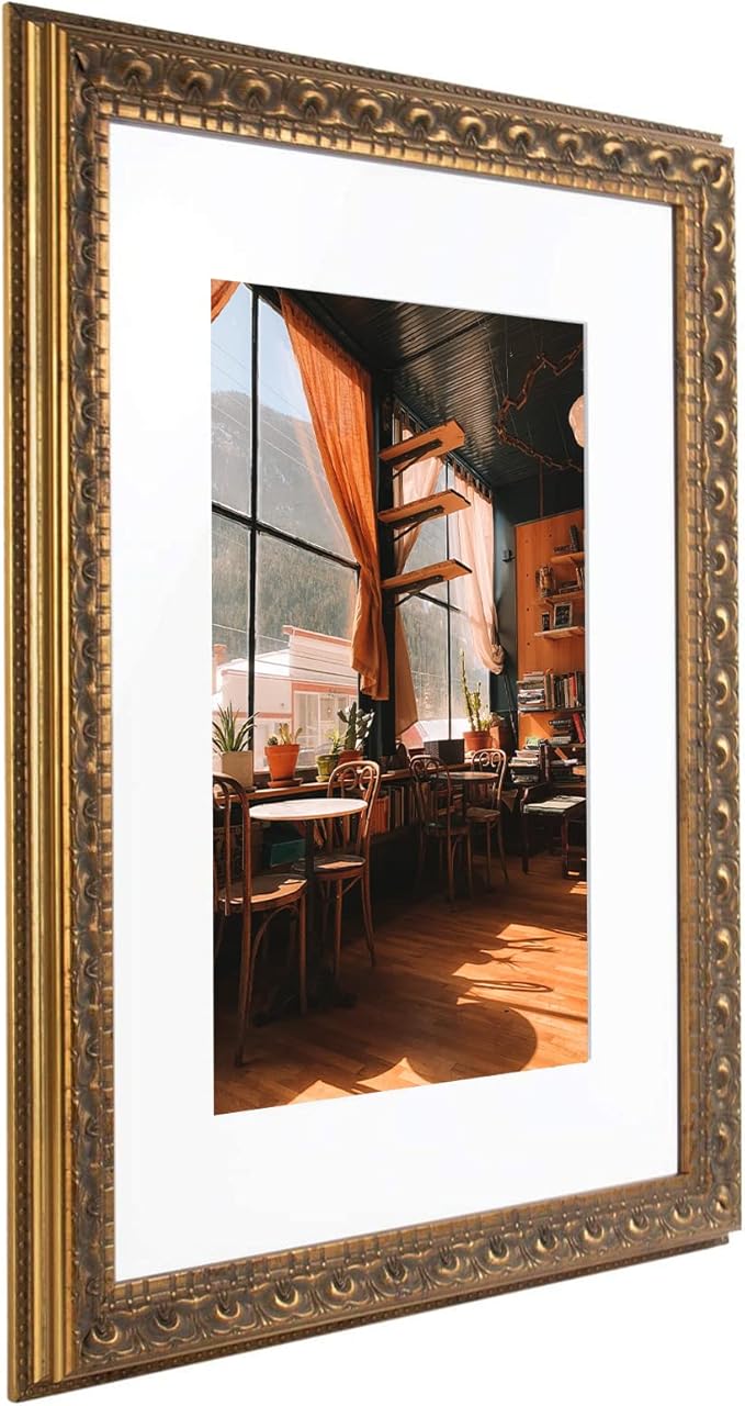 Golden State Art, 12x16 Ornate Bronze Color Frame - White Mat for 8x12 Photo - Complex Molding Design - Wall Mounting - Portrait/Landscape - Tempered Glass