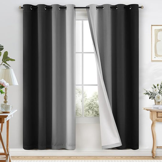 COSVIYA 100% Blackout Curtains for Bedroom with White Back, Double Layer Thermal Insulated Noise Reducing Grommet Window Curtains(52x72 Inch, Black and Greyish White, 2 Panels)