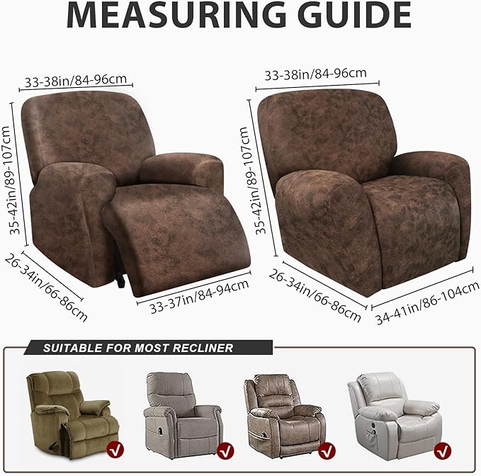 ANARACHON Leather Look Recliner Chair Covers Stay in Place 4-Piece Recliner Slipcovers for Reclining Chair Furniture Protector Spandex Fabric Washable (X-Large, Dark Brown)