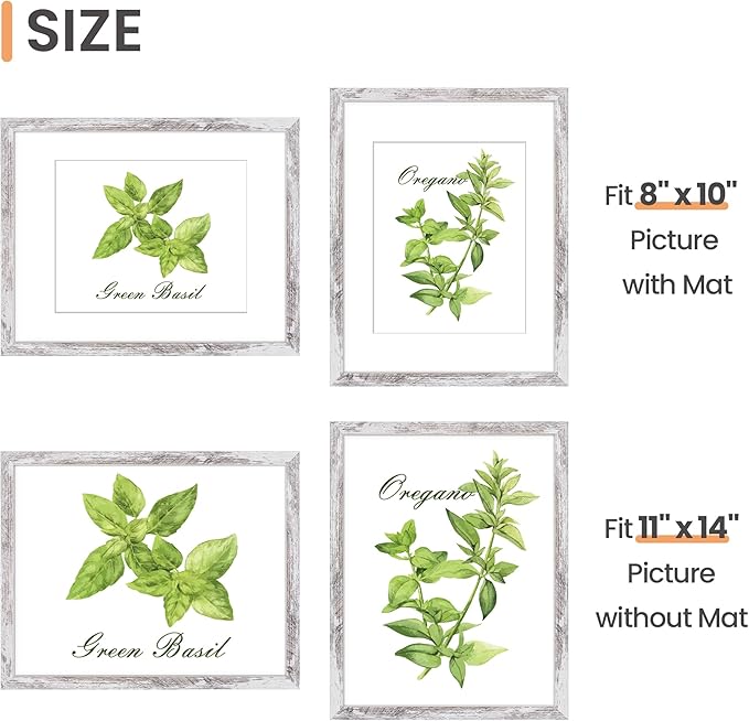 upsimples 11x14 Picture Frame, Display Pictures 8x10 with Mat or 11 x 14 Without, Wall Hanging Photo Frames, Rustic White, 1 Pack