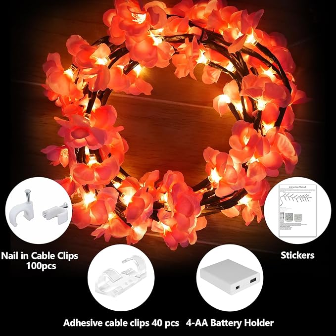 FNHMSL Cherry Enchanted Willow Vine Lights 7.55FT 144LED Pink Cherry Blossom Tree Branch Lights for Wall, Remote Timer,8 Light Model,Bedroom Wall Doors Wedding, Christmas, USB Battery Box