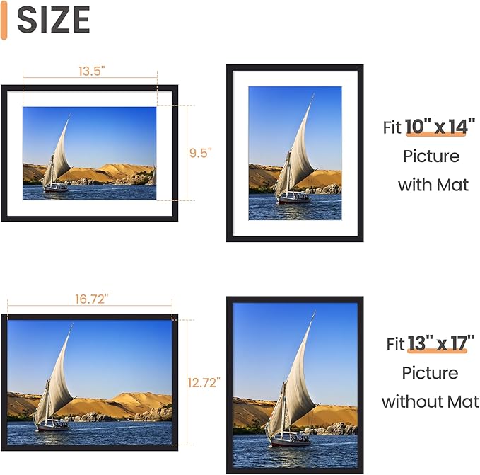 upsimples 13x17 Picture Frame, Display Pictures 10x14 with Mat or 13x17 Without, Wall Hanging Photo Frame, Black, 1 Pack