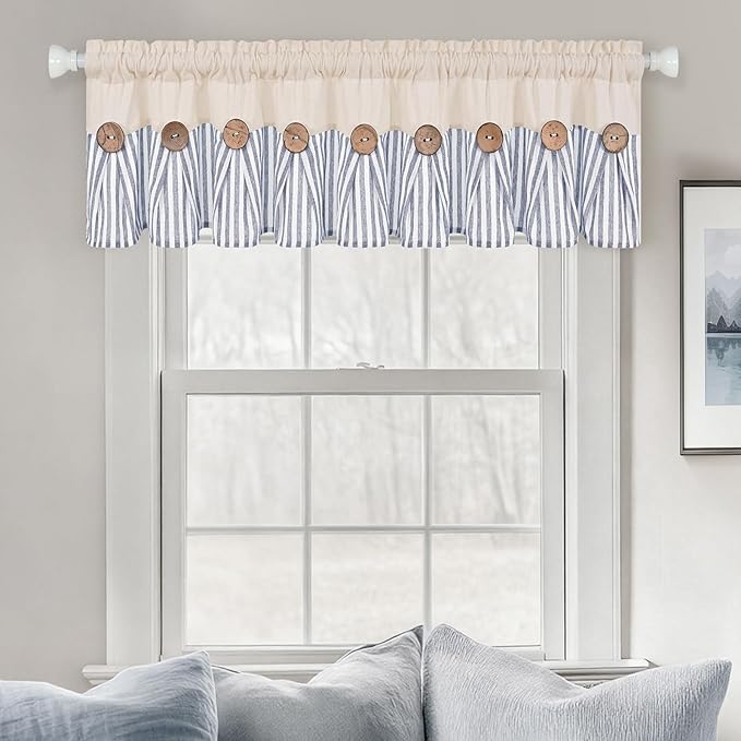 ASPMIZ Cotton Linen Kitchen Curtains Valance, Boho Rustic Button Valances for Windows Farmhouse Style, Blue Stripe Window Valances for Bathroom Cafe, Tie Up Valance for Kitchen Windows, 60 x 14 Inch