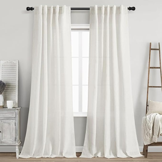 Nanspring Beige White Linen Curtains 90 Inches Long for Living Room Privacy Semi Sheer Light Filtering Curtains Back Tab and Rod Pocket Coastal Decor Curtain for Bedroom 40 X 90, 2 Panels
