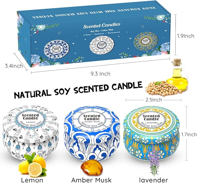 Scented Candles Gift Set, 3-Pack 2.5oz Soy Wax Candles – Amber Musk, Lemon, Lavender Scents – Portable Travel Tin Candle, Smokeless and Hand-Poured for Home, Yoga, Meditation and Gifts