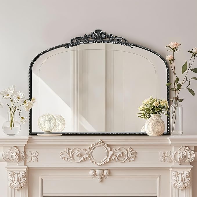 Micasso Large Vintage Black Mirror: 40" x 29" French Baroque Antique Mirror - Traditional Ornate Decorative Arched Mirrors for Wall/Bathroom/Entryway/Fireplace/Hallway - Home Decor for Living Room