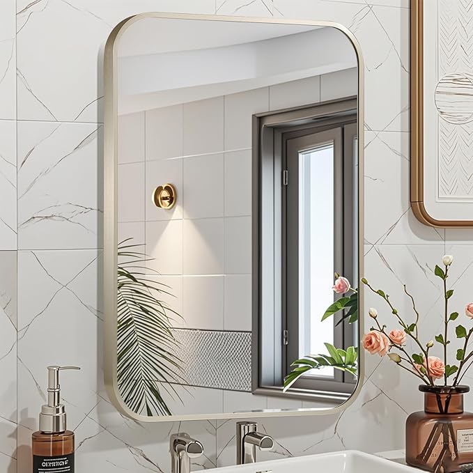 22x30 Inch Brushed Nickel Bathroom Mirror, Framed Rectangle Mirror with Rounded Corner, Brushed Mirror, Silver Bathroom Mirror for Over Sink, Vanity, Living Room, Bedroom, Horizontal/Vertical