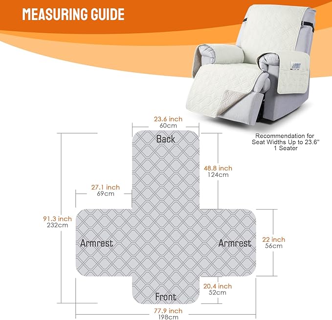VANSOFY 100% Waterproof Recliner Chair Covers, Recliner Cover Non-Slip Dog Chair Cover Furniture Protector Washable Slipcover with Pocket, Elastic Straps for Pets, Dogs(Off White, 23.6")