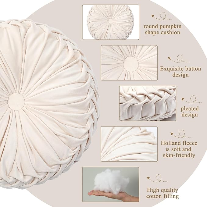 Drydiet 1 Pcs Round Throw Velvet Pillows Decorative Pleated Throw Pillows 15'' Diameter Accent Pumpkin Boho Chair Cushion for Couch Sofa Home Decoration (Beige)