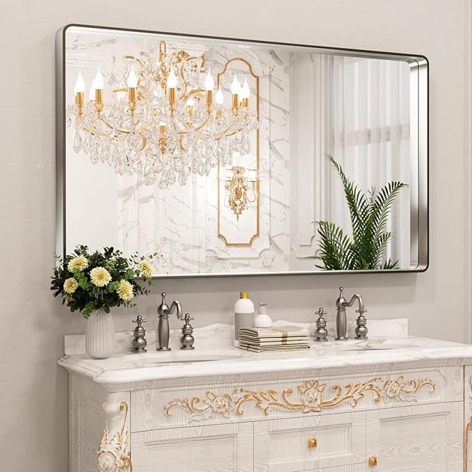 LOAAO 60X28 Inch Brushed Nickel Bathroom Mirror, Rounded Rectangle Silver Metal Frame Mirror, Brushed Nickel, Anti-Rust, Shatter Proof, Hangs Horizontally or Vertically
