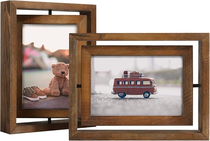 Egofine 2 Pack 4x6 Rotating Floating Picture Frames,Double-Sided Display with HD Glass Front Wooden Distressed Frame for Vertical or Horizontal Tabletop Display, Carbonization