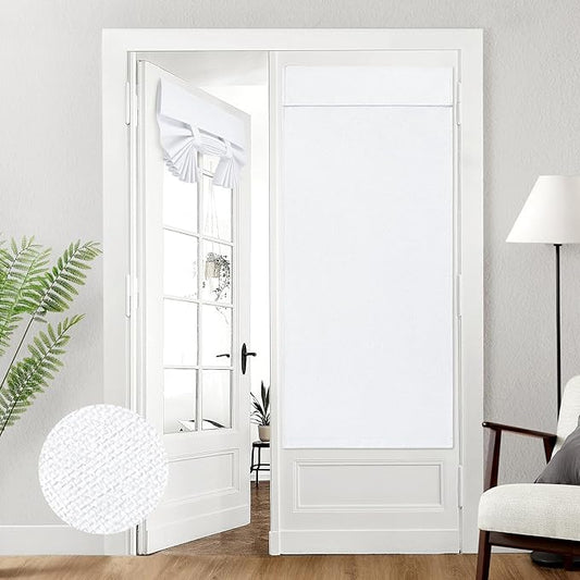 HOMEIDEAS 100% Pure White Linen Blackout French Door Curtains, Privacy Door Window Curtains, 34 X 68 Inch Room Darkening Blinds, Thermal Insulated Shades for Bedroom, 1 Panel