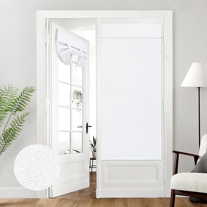 HOMEIDEAS 100% Pure White Linen Blackout French Door Curtains, Privacy Door Window Curtains, 30 X 68 Inch Room Darkening Blinds, Thermal Insulated Shades for Bedroom, 1 Panel