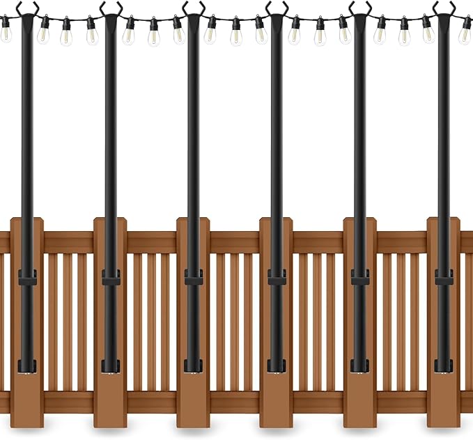 6 Pack 5 Ft String Light Poles, String Light Poles for Outside with Fixing Clips,Metal Poles for Outdoor String Lights, Hanging Light Poles for Deck Fence Garden Backyard Wall Bistro
