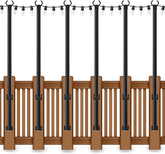 6 Pack 5 Ft String Light Poles, String Light Poles for Outside with Fixing Clips,Metal Poles for Outdoor String Lights, Hanging Light Poles for Deck Fence Garden Backyard Wall Bistro
