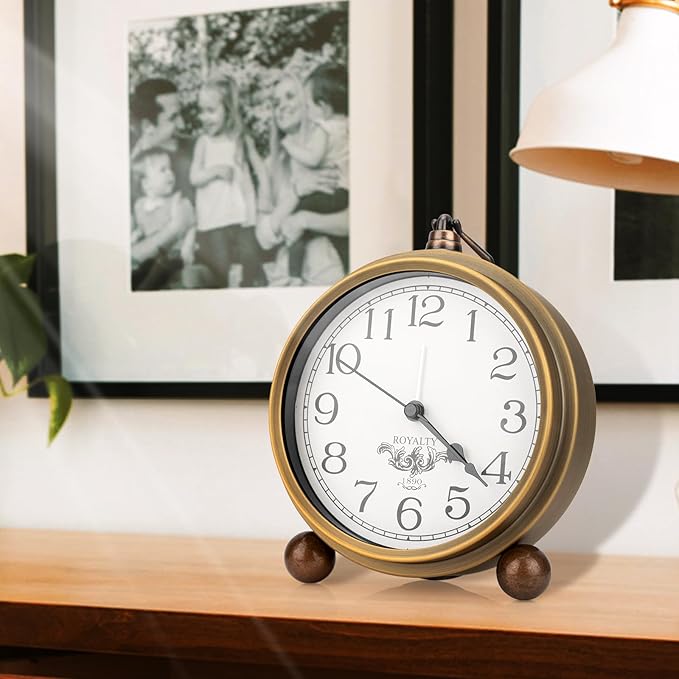 Maxspace Metal Golden Table Clock, Retro Vintage Non-Ticking Small Alarm Clock,Battery Operated Silent Quartz Movement HD Glass Desk Clock for Bedroom Living Room Indoor Decoration Kids?€? (Arabic2)
