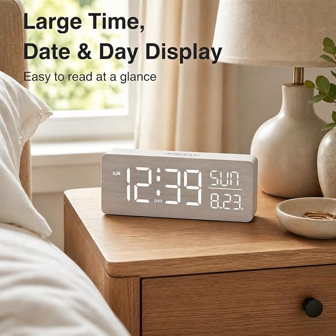 Peakeep Wooden Digital Alarm Clock Large Display, Textured Decoration - Image 8