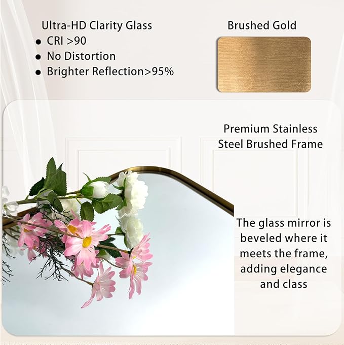 POZINO Brushed Gold Beveled Mirror, 22"x30" Premium Bathroom Vanity Mirror with Stainless Steel Frame, Antique Brass Butterfly Shape Aesthetic Wall Mirrors for Living Room Bedroom Hallway Entryway