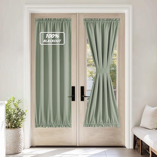 NICETOWN 100% Blackout French Door Curtain,Privacy Thermal Insulated Window Curtain with Adjustable Tieback for Glass Front Sliding Patio Christmas Door Decor, 1 Panel, 36W x 72L, Sage Green