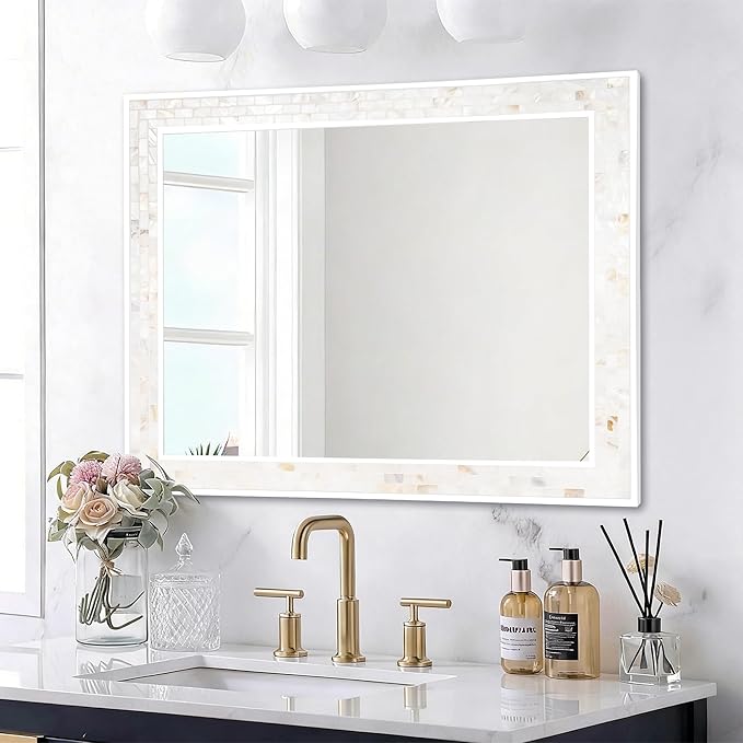 Tanmicoshomy 30 x 40 Inch White Bathroom Mirror, Coastal Natural Shell Framed Rectangle Mirrors for Bedroom, Living Room Wall Decor, Horizontal or Vertical Hanging