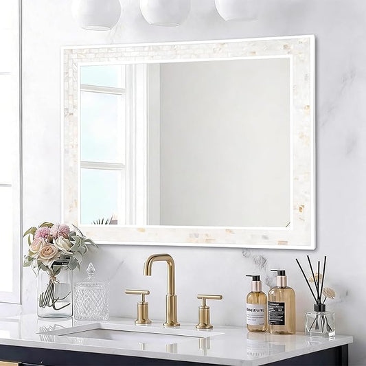 Tanmicoshomy 30 x 40 Inch White Bathroom Mirror, Coastal Natural Shell Framed Rectangle Mirrors for Bedroom, Living Room Wall Decor, Horizontal or Vertical Hanging