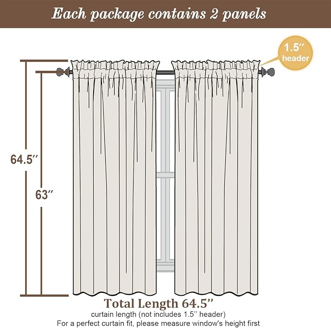 Chyhomenyc Curtains 63 Inch Length 2 Panels, Faux Linen Textured Semi Sheer Light Filtering Soft Airy Rod Pocket Window Treatment Drapes for Living Room Bedroom, Each 40 Wx63 L, Moon Beige