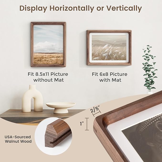 8.5 by 11 Picture Frame, USA-Sourced Walnut Wood Photo Frames with HD Tempered Glass, Handcrafted Rounded Corner 8.5 x 11 Wooden Frames Matted to 6x8 Photos, 8.5x11 Frame, Tabletop or Wall Display