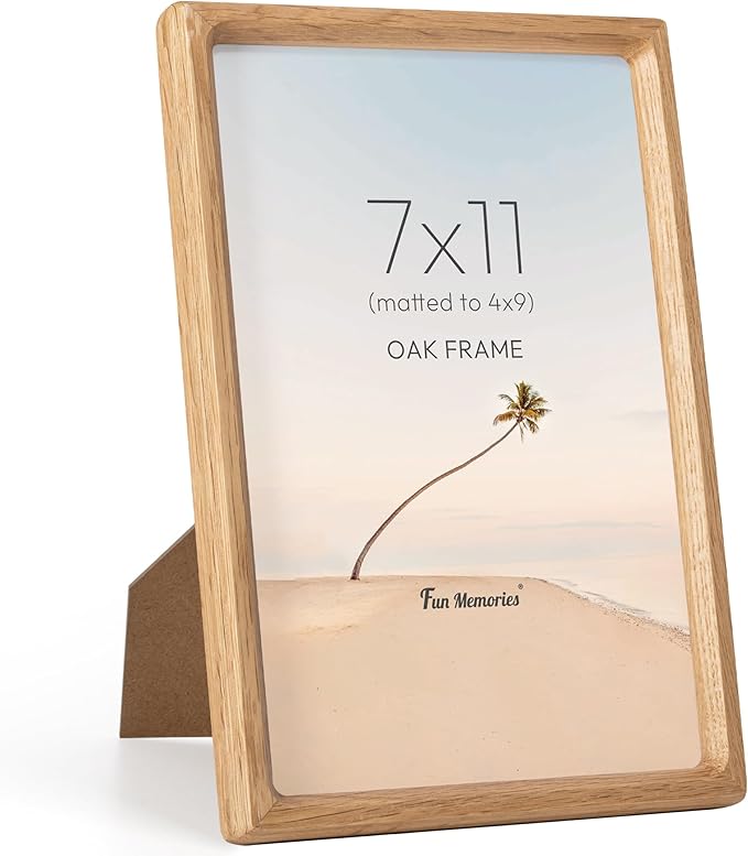 Fun Memories 7x11 Picture Frame, USA-Sourced Oak Wood Photo Frames with HD Tempered Glass, Handcrafted Rounded Corner 7 x 11 Wooden Frame Matted to 4x9 Photos, 7x11 Frames, Tabletop or Wall Display