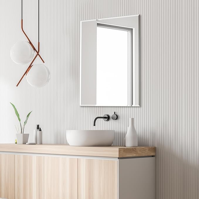 Frameless Bathroom Mirror for Wall, Rectangle Beveled Edge Mirror for Over Sink, Tempered Glass, Shatterproof, Hangs Horizontally or Vertically for Living Room, Entryway, Restroom, 32" x 24"