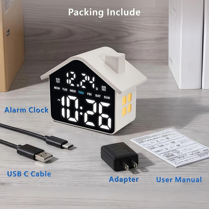 Plumeet Digital Alarm Clock, Bedroom Clock with Large Numbers, Date, Week, Dual Alarms, Dimmer and Ambient Light, House-Shaped Electric Bedside Desk Clock, Adapter Batteries Powered, White - Image 7