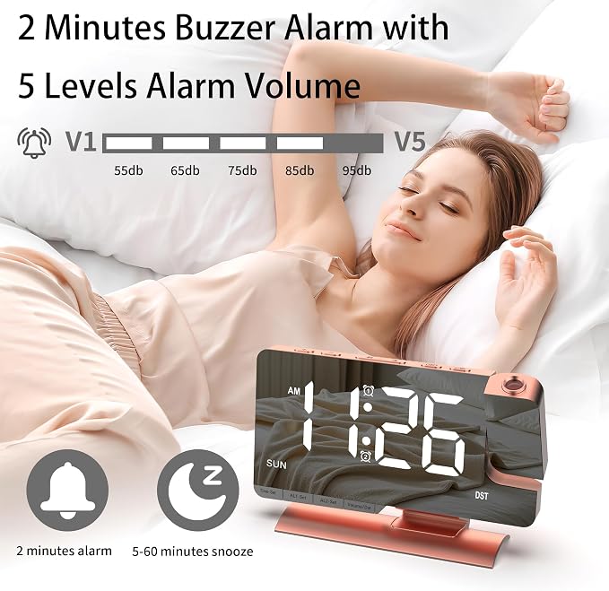 Projection Alarm Clock for Bedroom Ceiling, Pink Room Decor Digital Clock - Image 7