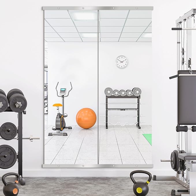 TRAHOME Home Gym Mirror for Wall, 70"x24"x2PCS Full Length Gym Mirror Frameless Wall-Mounted for Garage, Home Gym, Living Room, Bedroom(Silver)
