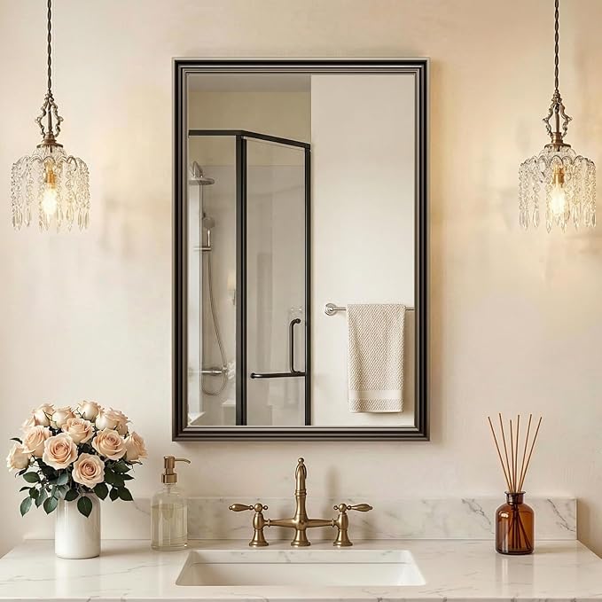 Retro Copper Effect Framed Wall Mirror, 20x30 Rectangle Mirror, Anti-desilvering Tempered Glass, Sustainable& Sturdy Frame, Farmhouse Mirror, Anti-Rust, 3min Fast Setup for Bathroom Living Room