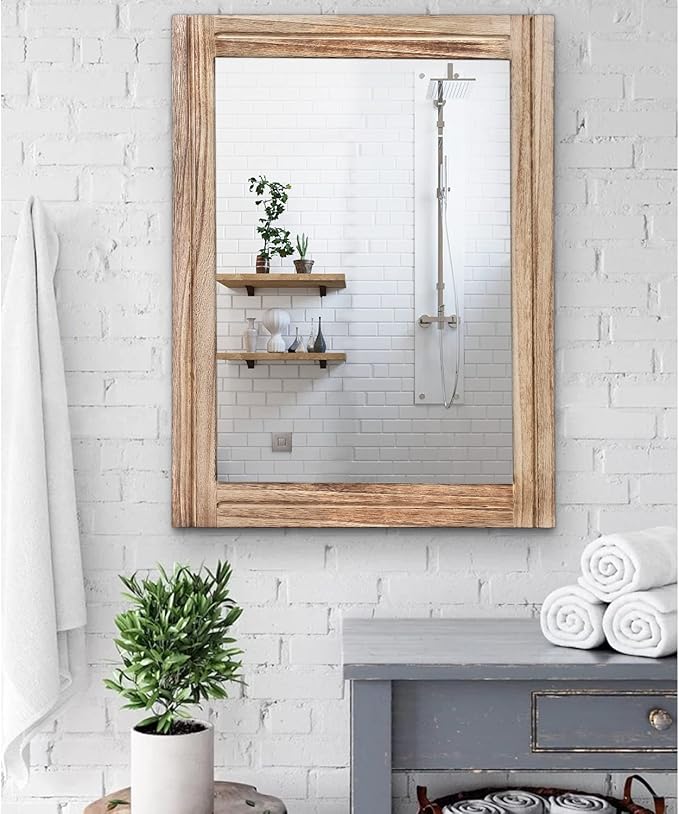 AAZZKANG Rustic Mirror for Wall with Rectangle Wood Framed Decorative Hanging Mirrorrs Large 26"x18"for Bedroom Bathroom Living Room Dressing Room