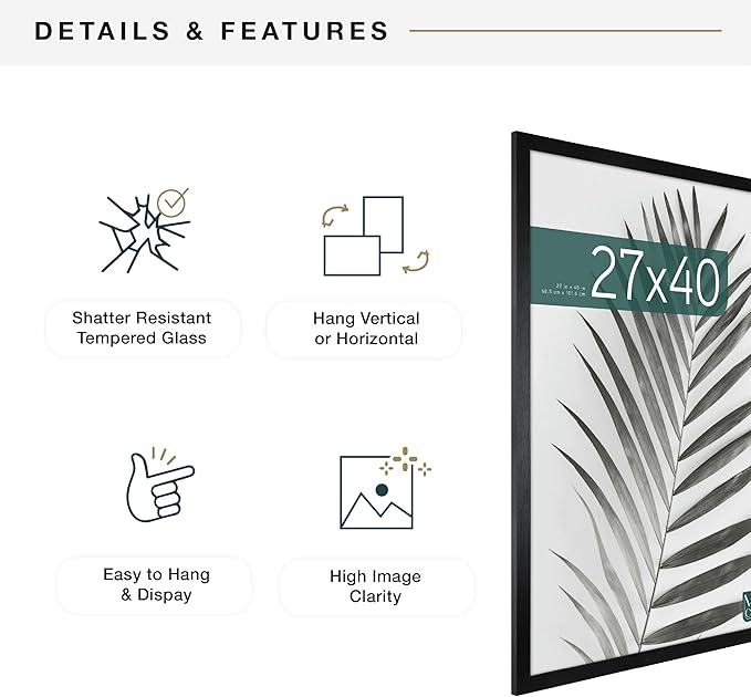 MCS Studio Gallery Movie Poster Frame 27x40 Black Woodgrain Engineered Wood, Vertical & Horizontal Wall Hanging Large Picture Frame for Photos, Artwork & Custom Posters (1-Pack)