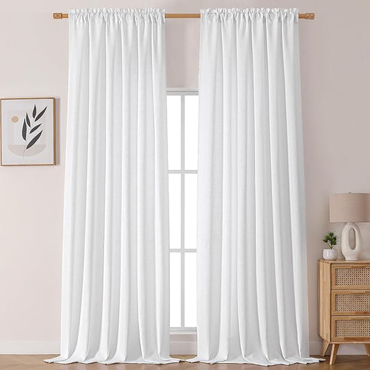 Chyhomenyc White Curtains 120 Inch Length 2 Panels Set, Faux Linen Textured Light Filtering Soft Airy Farmhouse Curtain Drapes Ceiling to Floor for Large Window, 50Wx120L
