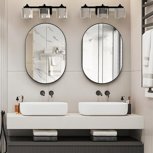 2 Piece Oval Bathroom Mirror Capsule Wall Vanity Mirror, 20"x30" Pill Mirrors Wall Mounted Mirror, Large Modern Mirror with Black Metal Frame, Decor for Entryway, Bedroom, Living Room