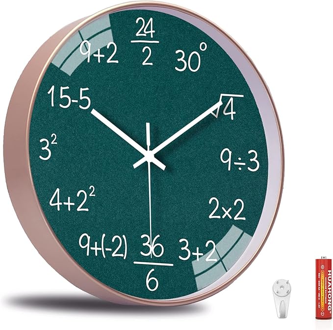 10 Inch Math Wall Clock Silent Non Ticking Movement Quality Quartz Wall Clock for Office Classroom/School/Home/Kitchen/Living Room Wall Decorations (Green)