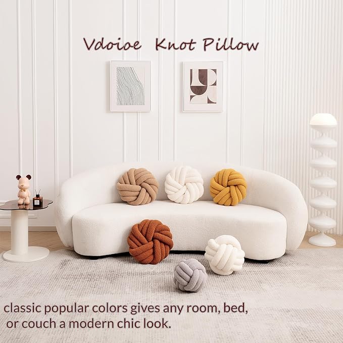 Khaki Knot Pillow 13.7'' Round Throw Pillow Soft Plush Knot Ball Pillow Handmade Knotted Pillow Modern Home Decorative Knotted Pillow Cushion for Bed Bedroom, Sofa, Couch